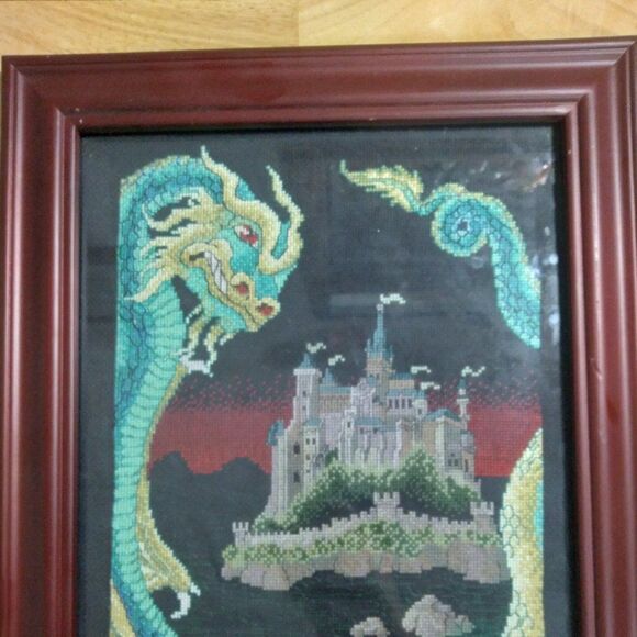 Vintage Dragon Castle Fantasy Landscape Cross Stitch Needlepoint Art Framed - Picture 2 of 8